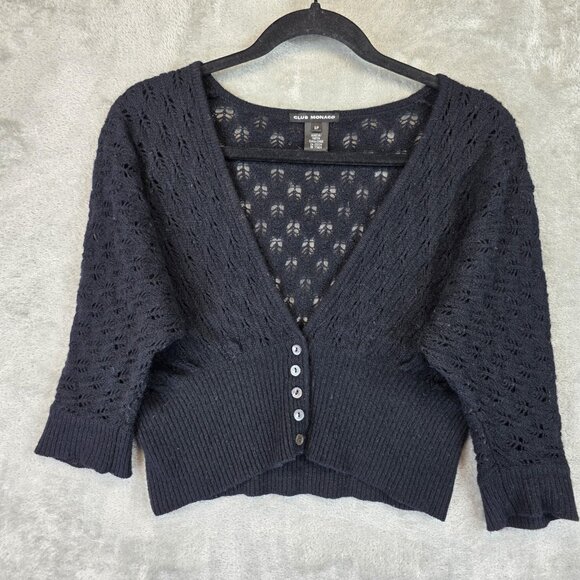 Club Monaco Sweater Womens Small Black Wool Angora Rabbit Hair Knit Cardigan - Picture 1 of 8